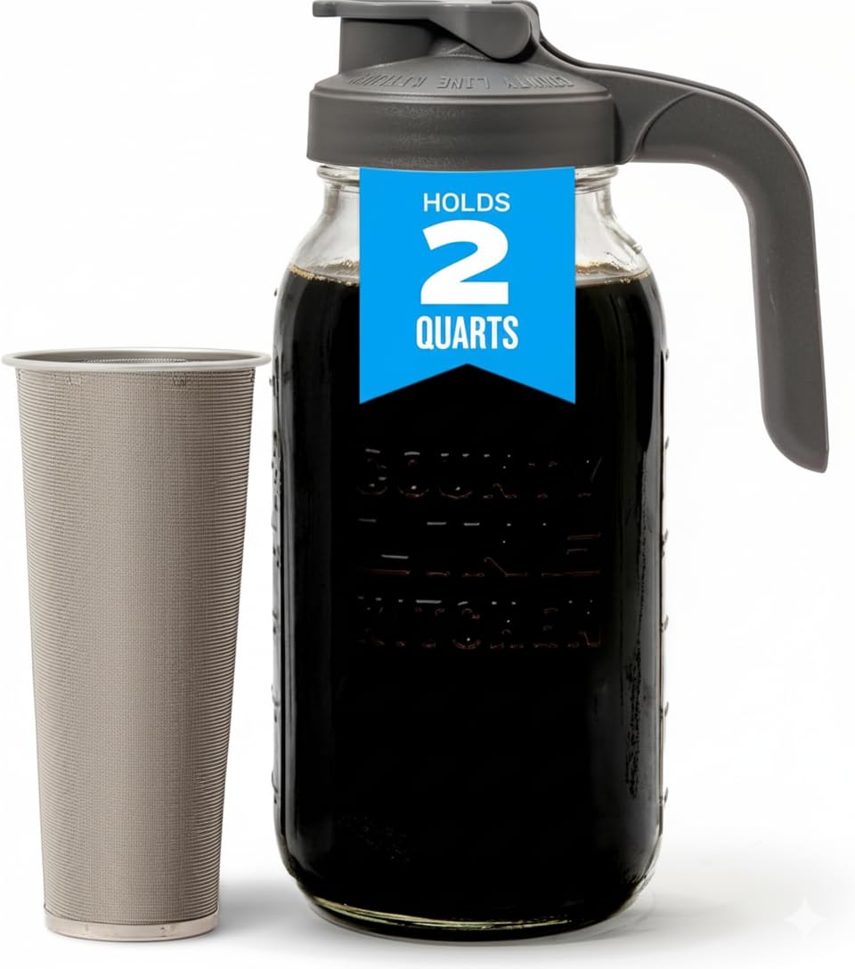 County Line Kitchen 64 oz Glass Cold Brew Coffee Maker with Leak-Proof Lid, Wide Mouth Mason Jar - Iced Coffee and Tea Pitcher - Gray ASIN B07VJJJ764 Amazon original image 1