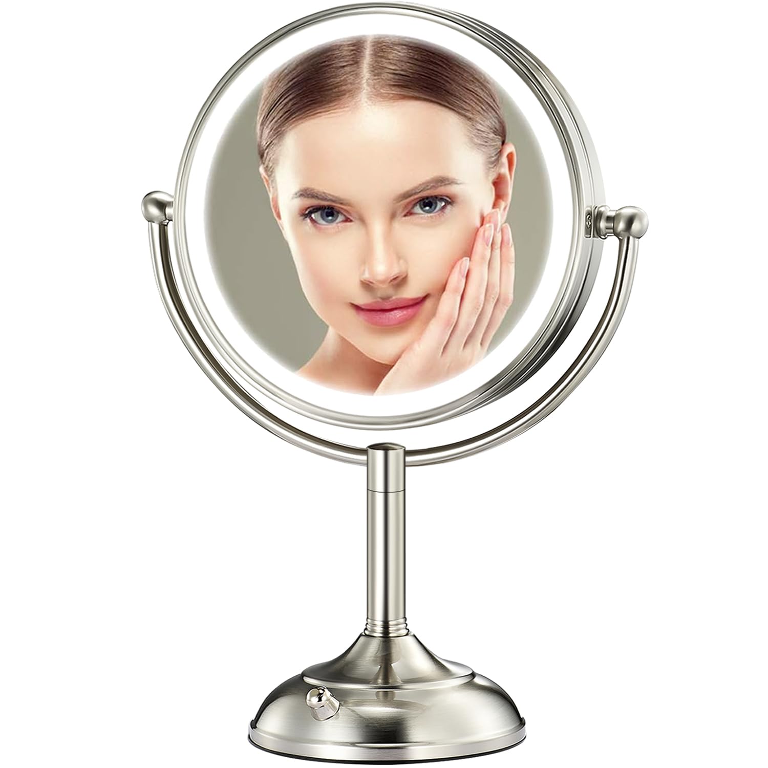 Professional 8.5" Large Lighted Makeup Mirror with Brighter Lights, 1X/10X True HD Magnifying Mirror with 3 Color Dimmable Lights, 90 Shadowless LEDs, 360°Swivel Seamless Vanity Mirror, Pearl Nickel ASIN B07VHMQ84J Amazon original image 1
