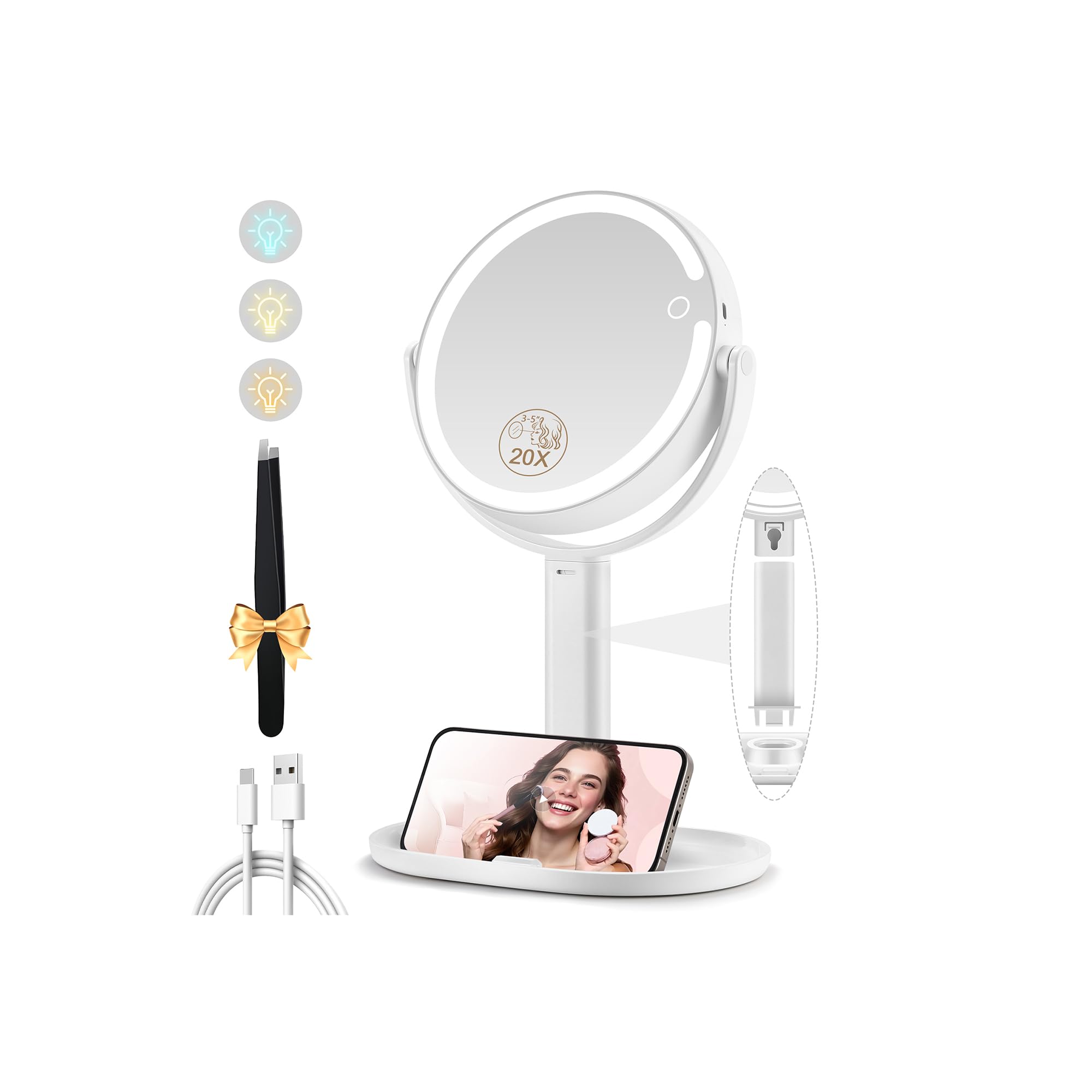 MOMOKUBA Makeup Mirror with Lights, Double Sided 1x/20x Magnifying Mirror with Light, Rechargeable 3 Color Lights and Adjustable Brightness, 360° Rotation Detachable Comes with Tweezer(White) ASIN B0D3HNWKWF Amazon original image 1