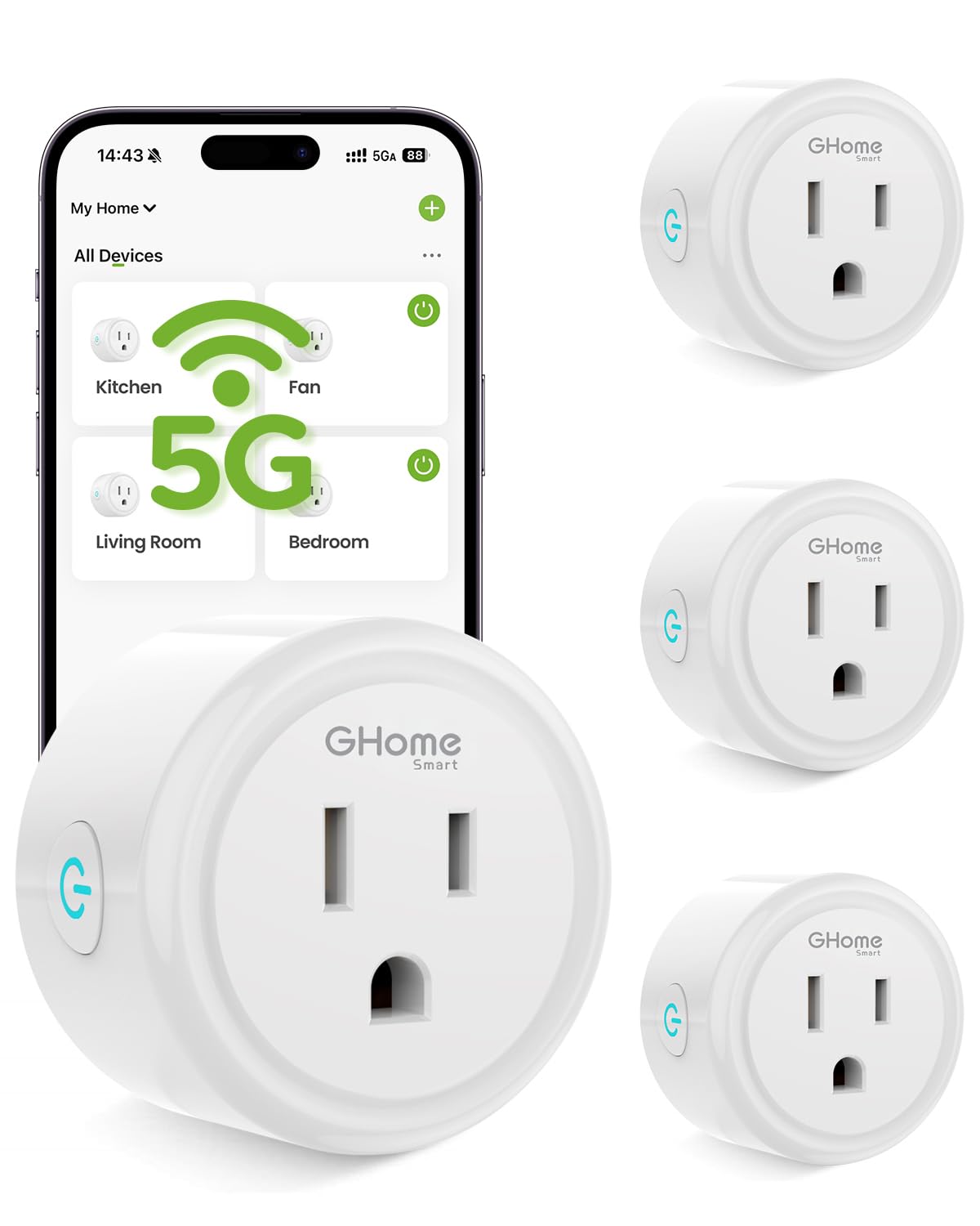GHome Smart 5G 15A WiFi Smart Plug Compatible with Alexa and Google Home, Outlet Timer Smart Home WiFi Outlet Timer with Remote Control, 5GHz and 2.4GHz Wi-Fi Sockets, ETL FCC Listed, White, 4 Pack ASIN B0D7MNTV1P Amazon original image 1