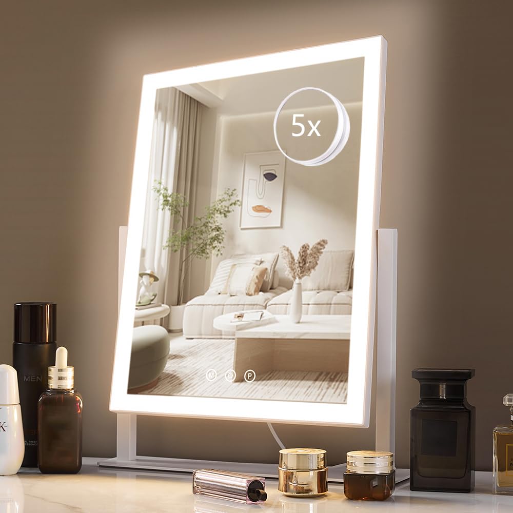 HIEEY Lighted Makeup Mirror, 17.3" x 13" Hollywood Vanity Mirror with Lights, Three Color Lighting Modes, and 5X Magnification Mirror, Smart Touch Control, 360°Rotation (White,Gift Box) ASIN B0BLNF3JF6 Amazon original image 1