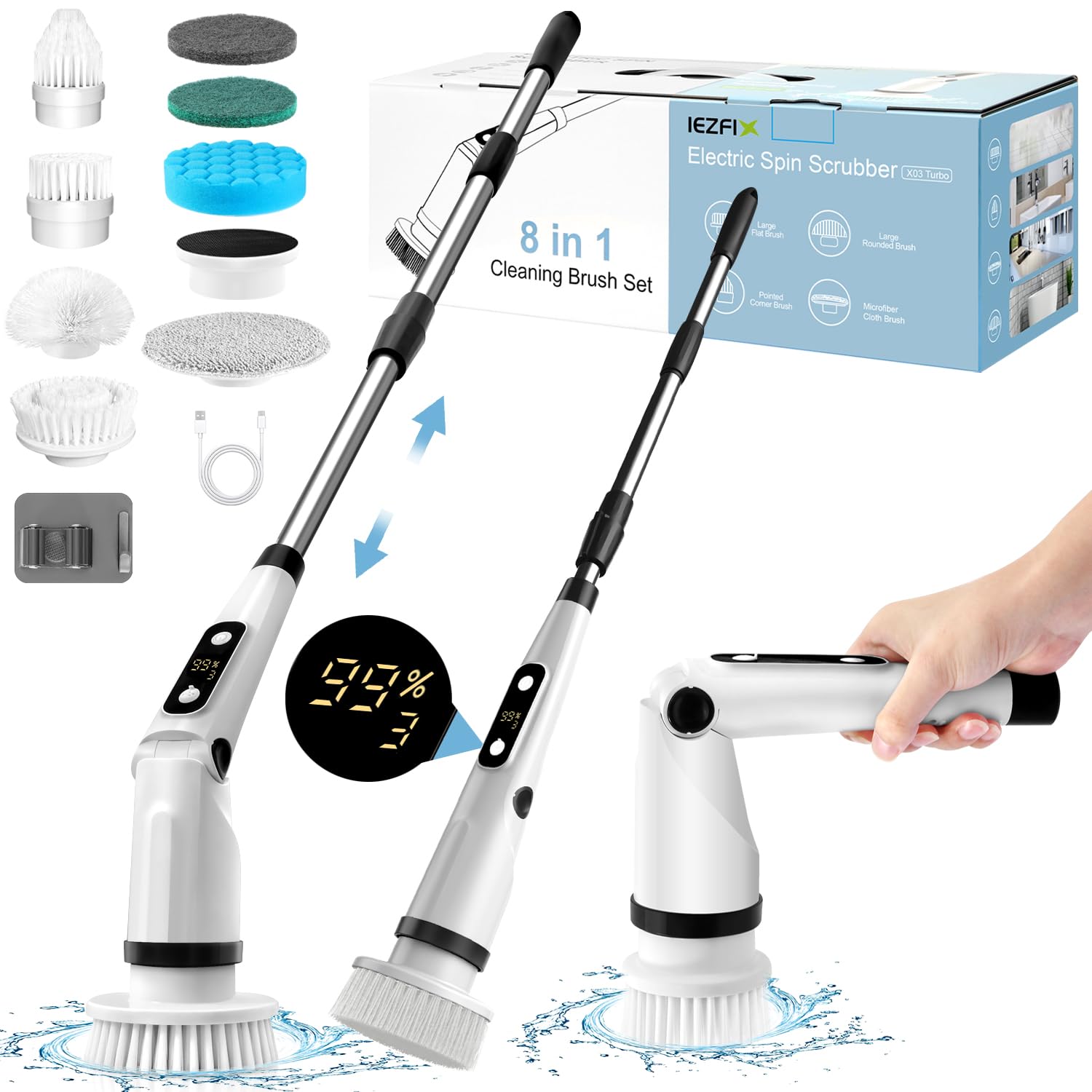 IEZFIX Electric Spin Scrubber, Bathroom Power Shower Scrubber Cleaning Brush for Tub/Tile/Floor/Toilet/Kitchen, 8 Cleaner Scrub Brush Heads, 3 Speeds 450RPM Max, Telescopic Rod Black ASIN B0C3HK1TJ8 Amazon original image 1