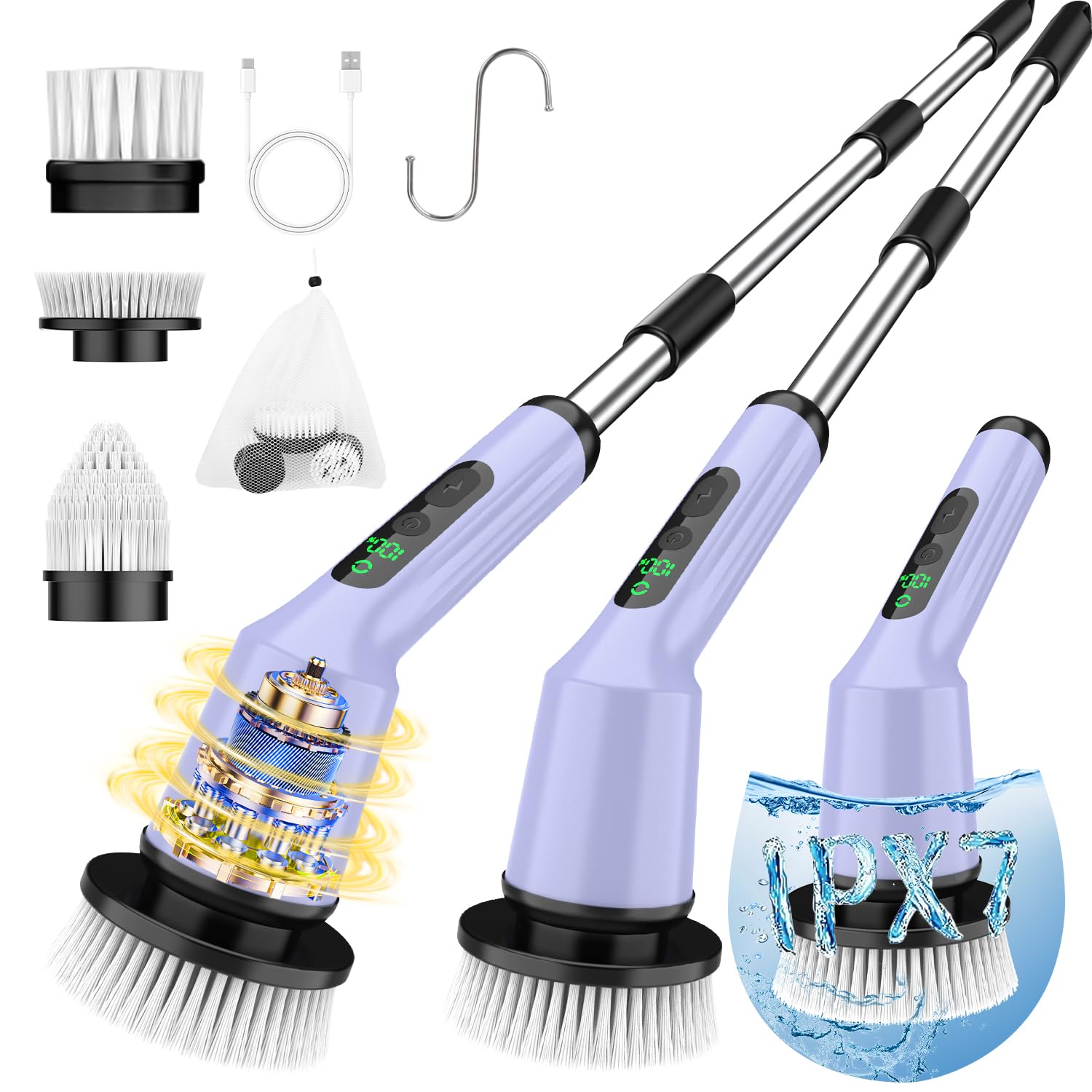 Electric Spin Scrubber for Cleaning Bathroom, Shower Scrubber Rotary Floor Brushes with IPX7 Waterproof & 2 Speed, 3 Brush Heads, Bathroom Cleaning Supplies for Shower Tub Tile Toilet Purple ASIN B0F9F2NHV5 Amazon original image 1
