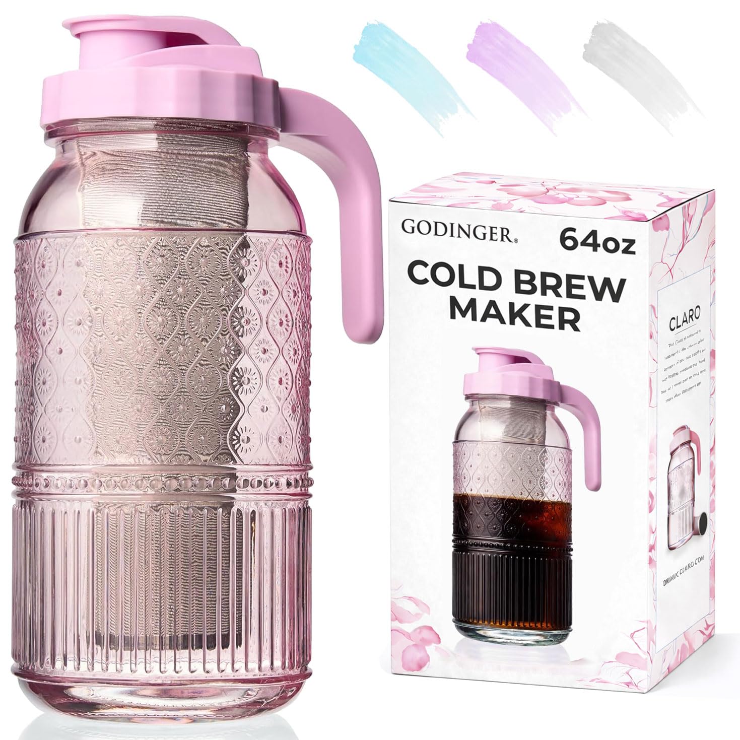 Cold Brew Coffee Maker 64 oz – Airtight Glass Mason Jar Pitcher Brewer with Leak-Proof Lid & Handle, Wide Mouth Iced Coffee Maker, Vintage Kitchen Decor - Blush ASIN B0G4567M3M Amazon original image 1