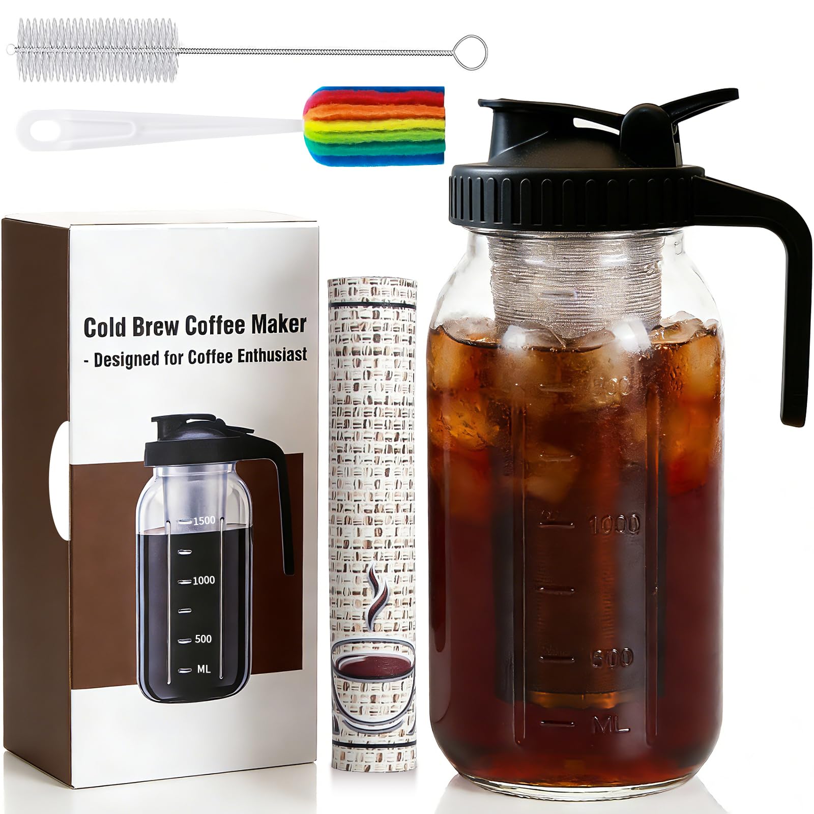 Cold Brew Coffee Maker, 64oz Cold Brew Pitcher with Stainless Steel Filter & Coffee Mat, Glass Cold Brew Mason Jar with Airtight Lid, Cold Brew Brewer Kit Tea Infuser Pitcher, Gifts for Coffee Lovers ASIN B0FBFP2PJ4 Amazon original image 1
