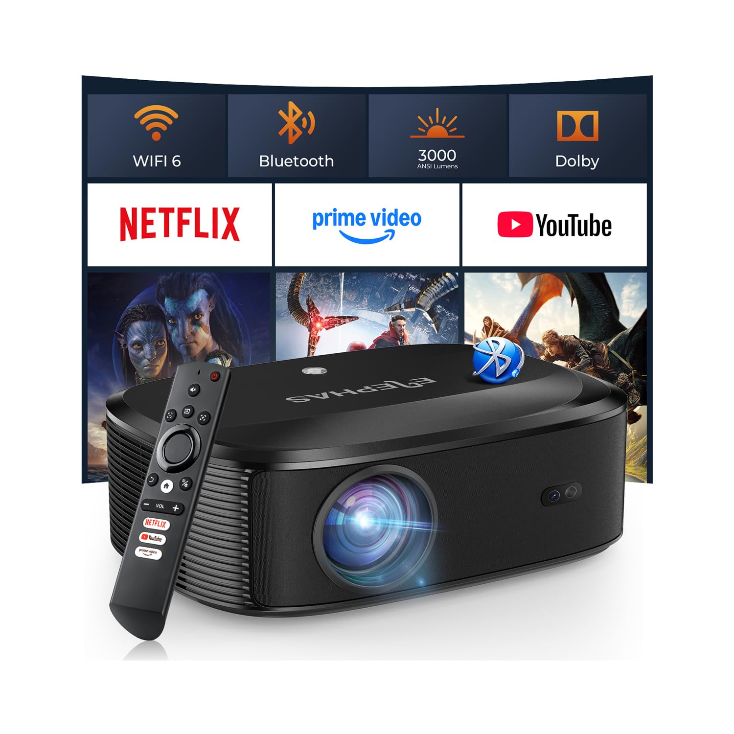 4K Projector with WiFi and Bluetooth - 3000 ANSI Lumens, ELEPHAS Outdoor Movie Projector Compatible with NETFLIX/Prime Video/YouTube, Smart Projector for HDMI/USB/iOS/Android, Portable Home Cinema ASIN B0CFQRFRJL high ticket Amazon original image 1