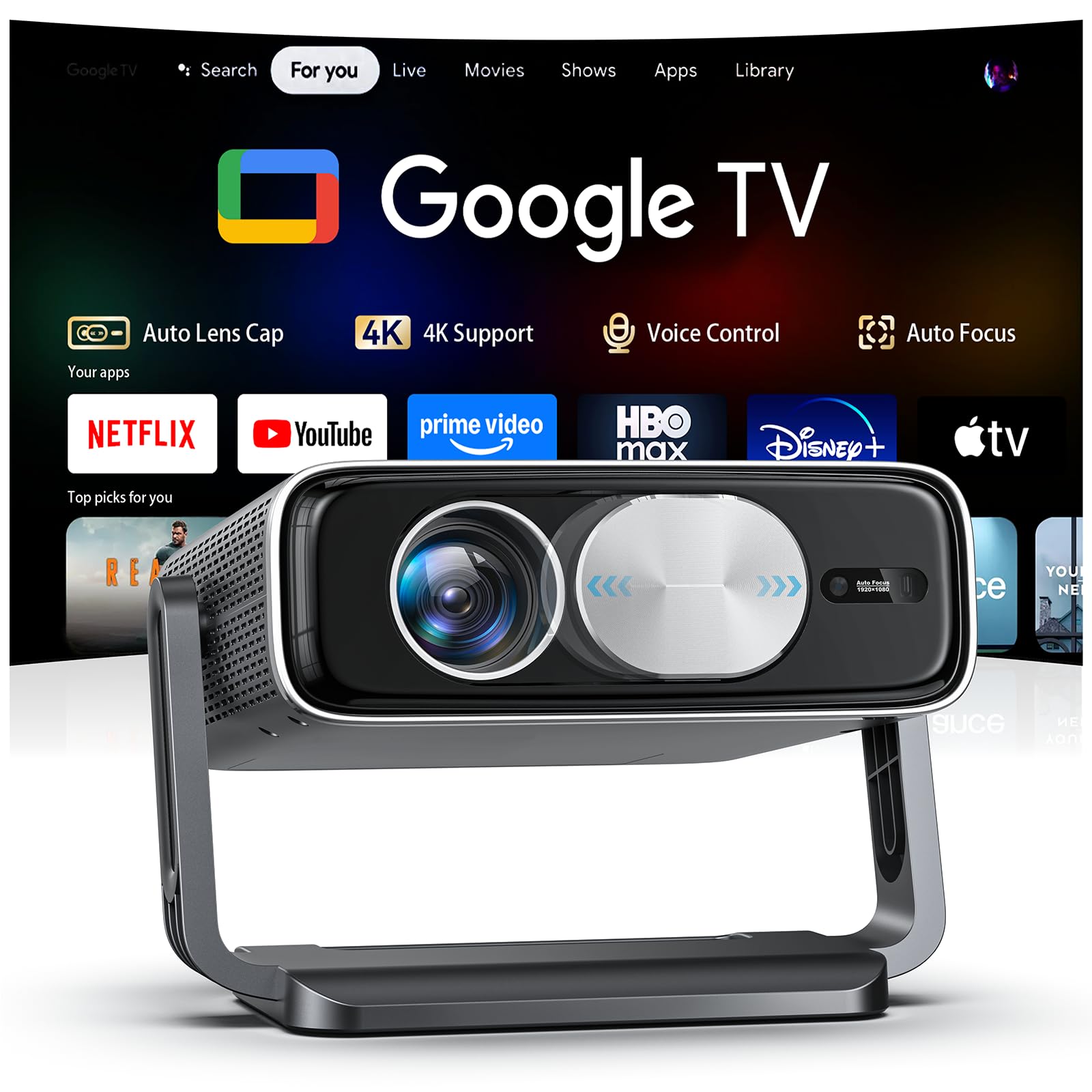 Smart Projector [Built in Google TV and 4K Support] with WiFi and Bluetooth, 2500ANSI, Auto Lens Cap, Portable Outdoor Movie Projector with Built-in Apps Auto Focus for Ceiling/Home Theater/Bedroom ASIN B0GZT5V1JN high ticket Amazon original image 1