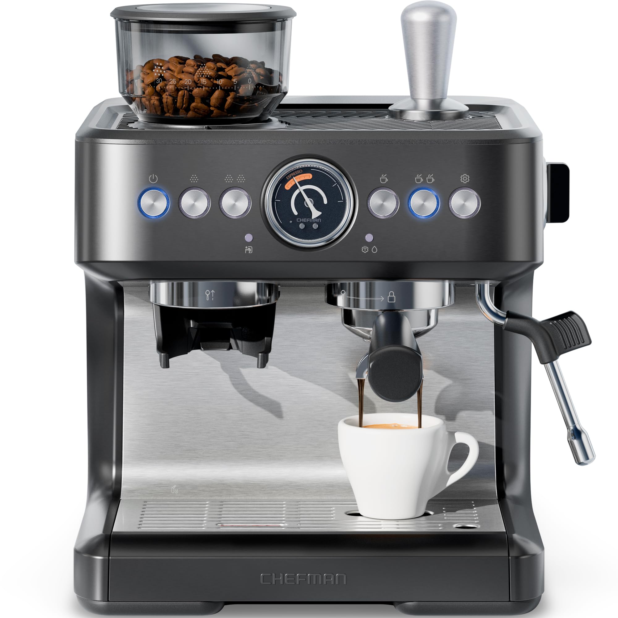 Chefman Crema Deluxe Espresso Machine with Double Boiler, Use Milk Frother and Brew Espresso Simultaneously, Professional Coffee Maker with Coffee Grinder and Steam Wand, 30 Grind Settings ASIN B0GZSLRQXG high ticket Amazon original image 1