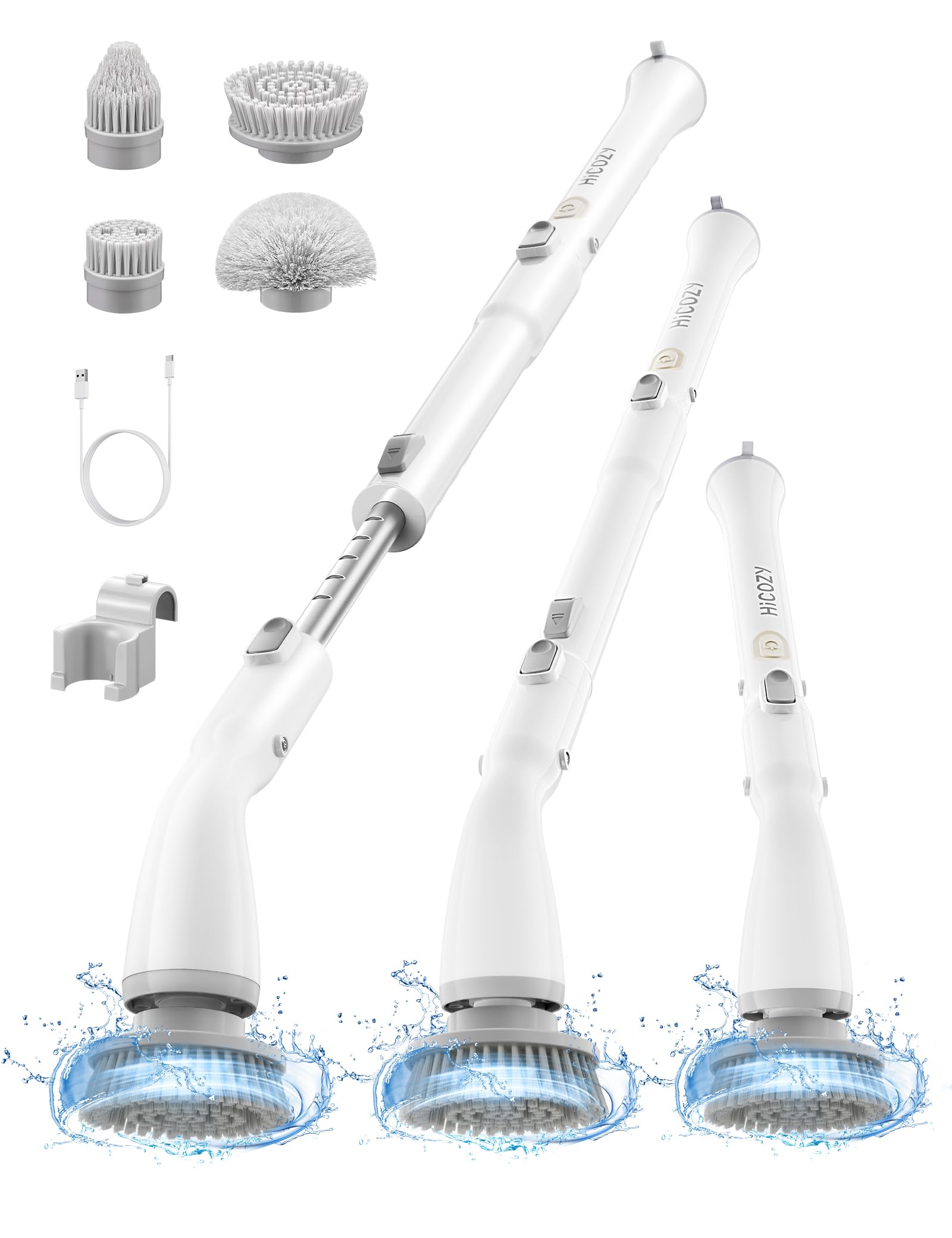 HiCOZY Electric Spin Scrubber HS1, Cordless Shower Scrubber for Cleaning with 4 Replaceable Brush Heads Adjustable Extension Handle, IPX7 Waterproof Cleaning Brush for Bathroom Floor White ASIN B0BZHYWQCX Amazon original image 1