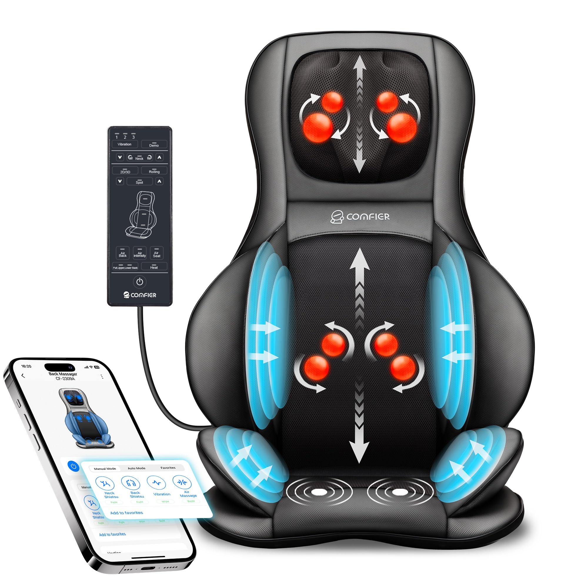 COMFIER Shiatsu Neck Back Massager with Heat,2D/3D Massage Chair Pad with App Control,Deep Tissue Kneading Massage Chair Pad with Compression,Adjustable Back Coverage,Black ASIN B0DQ2814QV high ticket Amazon original image 1