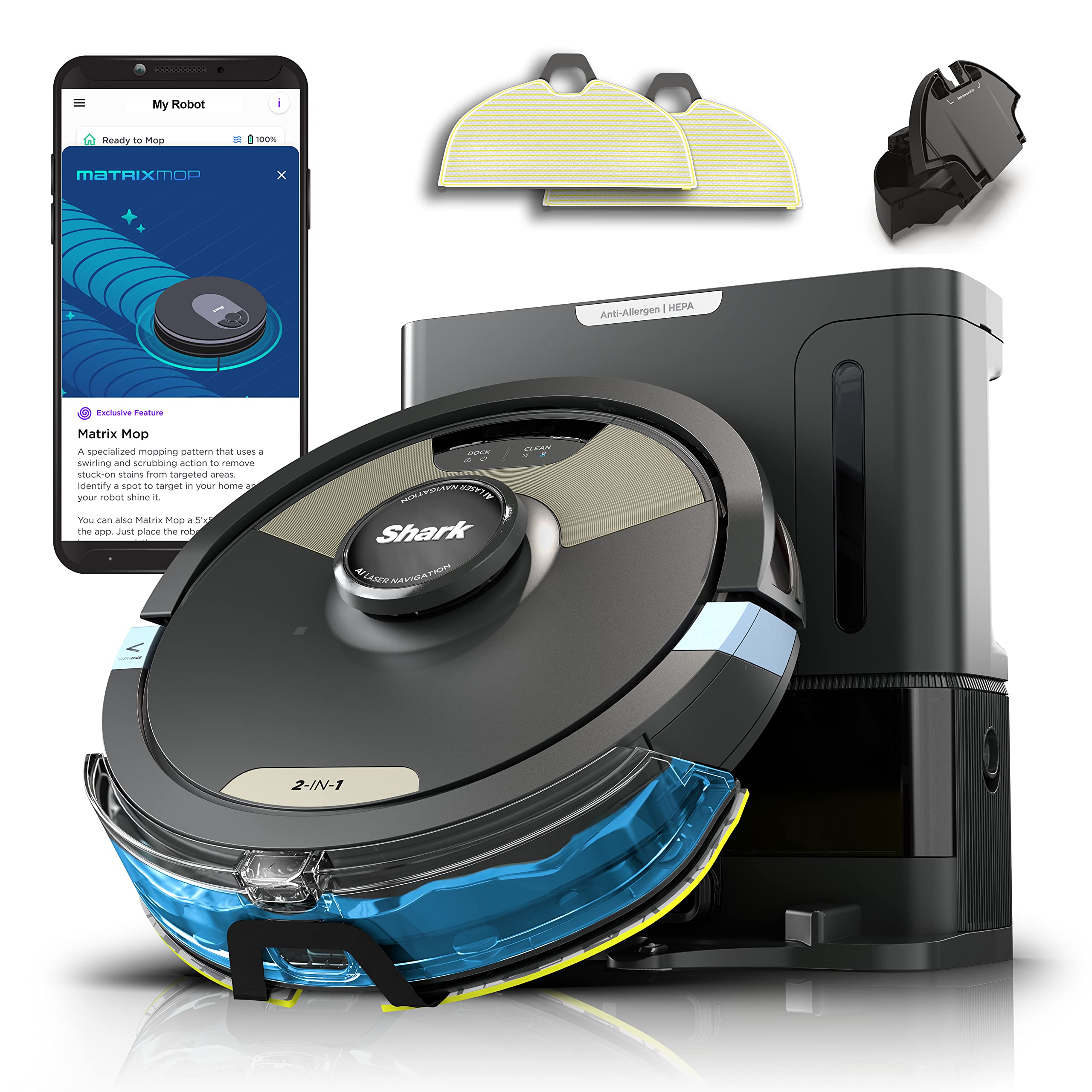 Shark Matrix Plus | 2-in-1 Robot Vacuum & Mop for Carpets & Hard Floors | Sonic Mopping & Powerful Suction for Pet Hair | Self-Empty Base | 60-Day Capacity | HEPA | LiDAR Nav | Black/Gold | AV2610WA ASIN B0B89C8H4Q high ticket Amazon original image 1