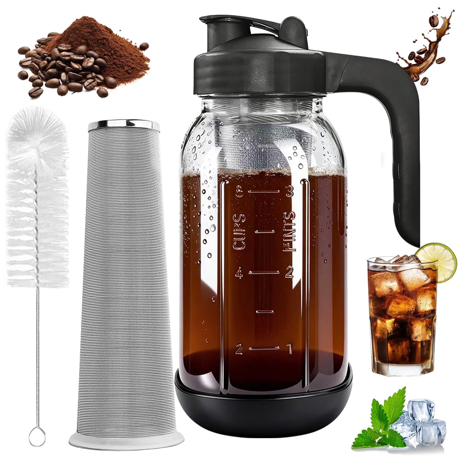 Cold Brew Coffee Maker,64 oz Mason Jar Pour Spout Lid, Coffee Carafe,Refillable Stainless Steel Filter,Non-slip Silicone Sleeve for Glass Pitcher, For Home Baristas & Coffee Enthusiasts ASIN B0FVX4XGMS Amazon original image 1