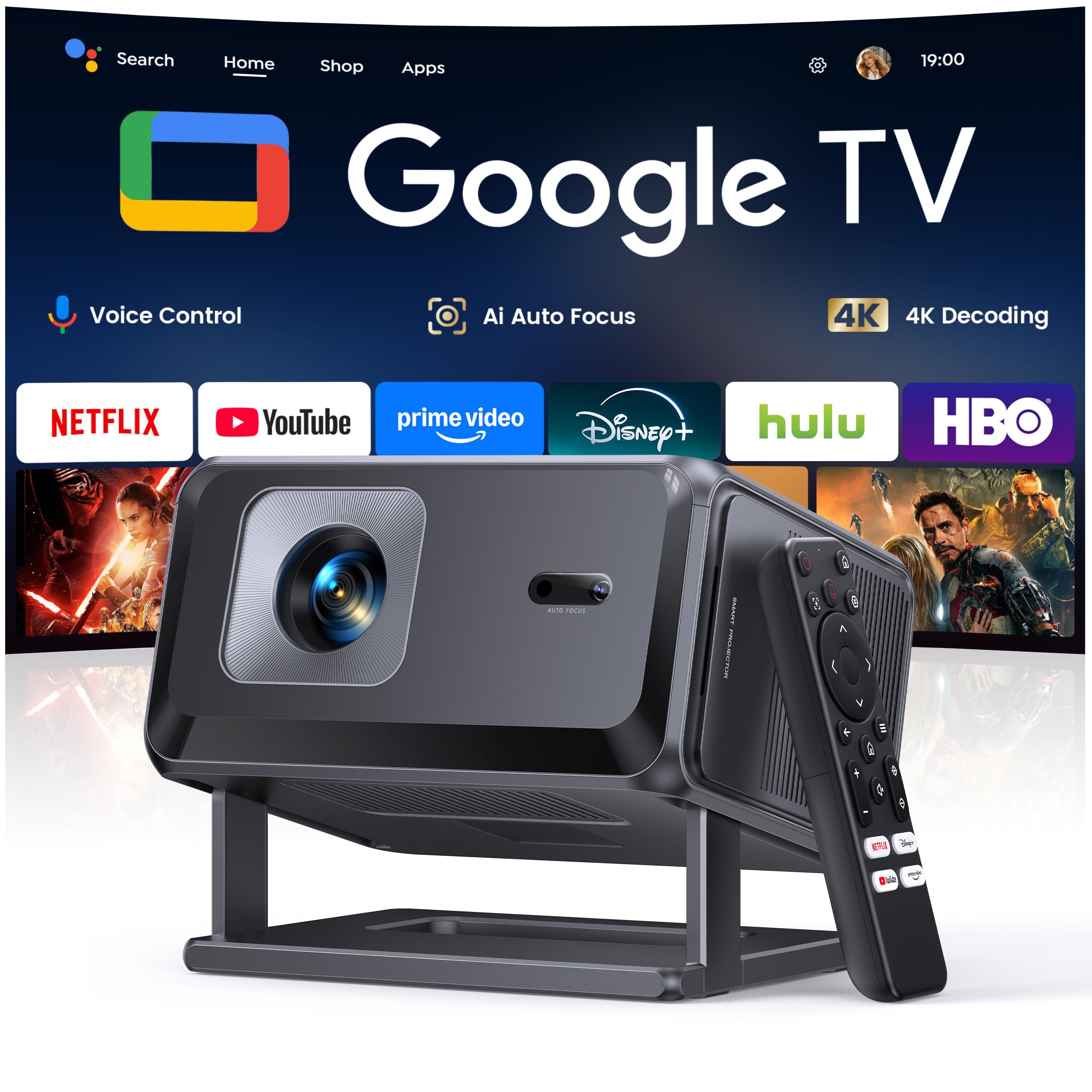 Smart Projector [Bundled with Google TV Stick & 4K Support] with WiFi and Bluetooth, Portable Mini Movie Short Throw Projector Outdoor with Built-in Apps Auto Focus for Home Theater Bedroom Ceiling ASIN B0GF8JB7NH high ticket Amazon original image 1