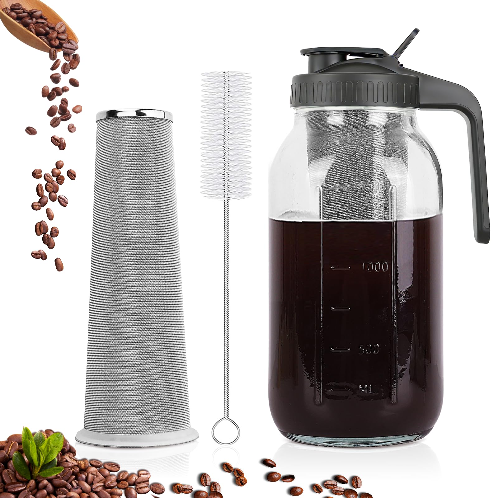 Cold Brew Coffee Maker,64 oz Mason Jar Pitcher with Stainless Steel Filter, Pour Spout Handle Lid, Heavy Duty Glass Airtight & Leak-Proof for Iced Coffee,Tea & Lemonade ASIN B0CGWS1M51 Amazon original image 1