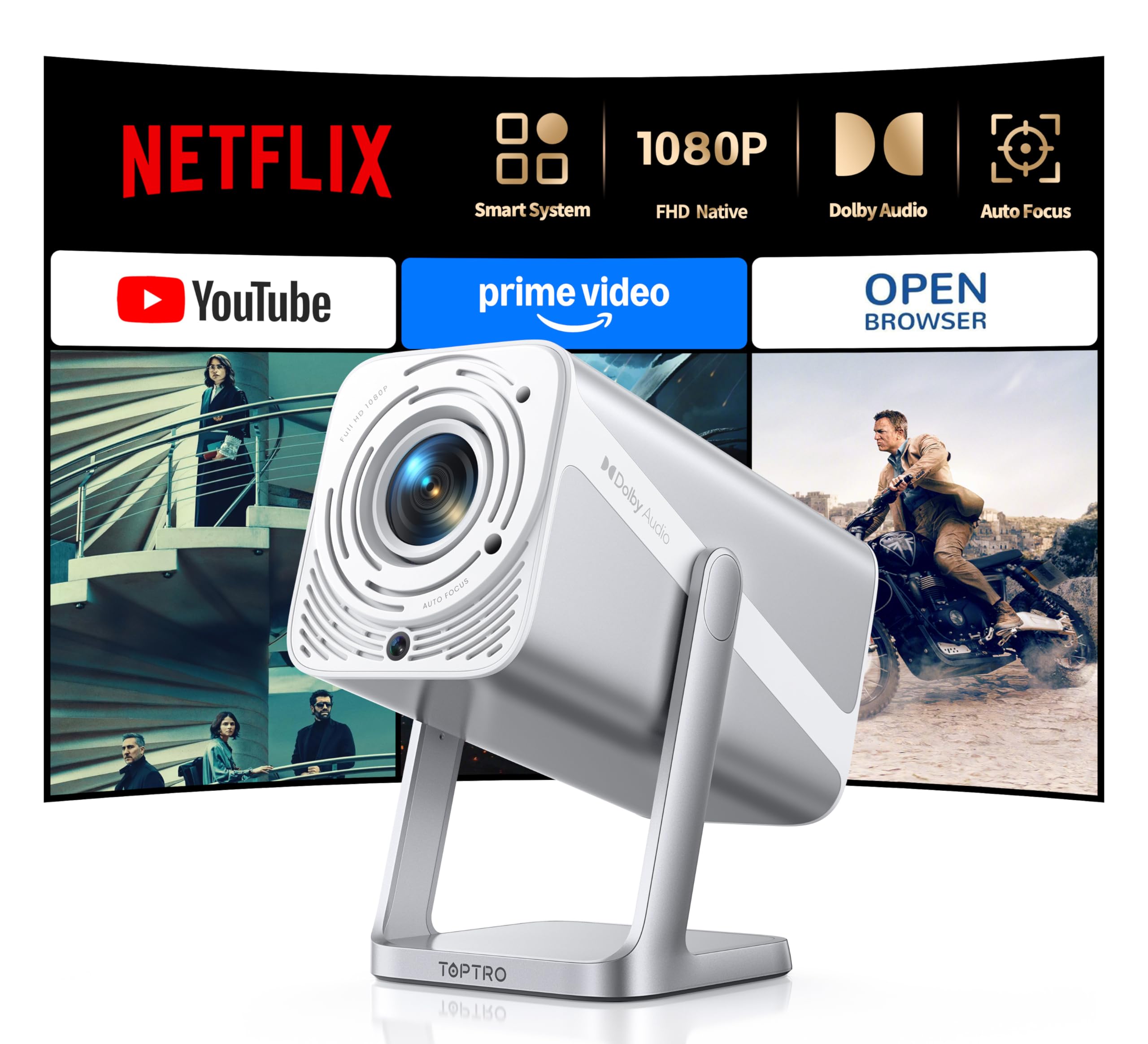Smart Projector [Built-in Apps/4K Support/2026 Upgraded] with WiFi and Bluetooth, Native 1080P Outdoor Movie Projector, Auto Focus, Dolby Audio, TOPTRO Mini Portable Proyector w/ YouTube/Prime Video ASIN B0GZGP94W1 high ticket Amazon original image 1