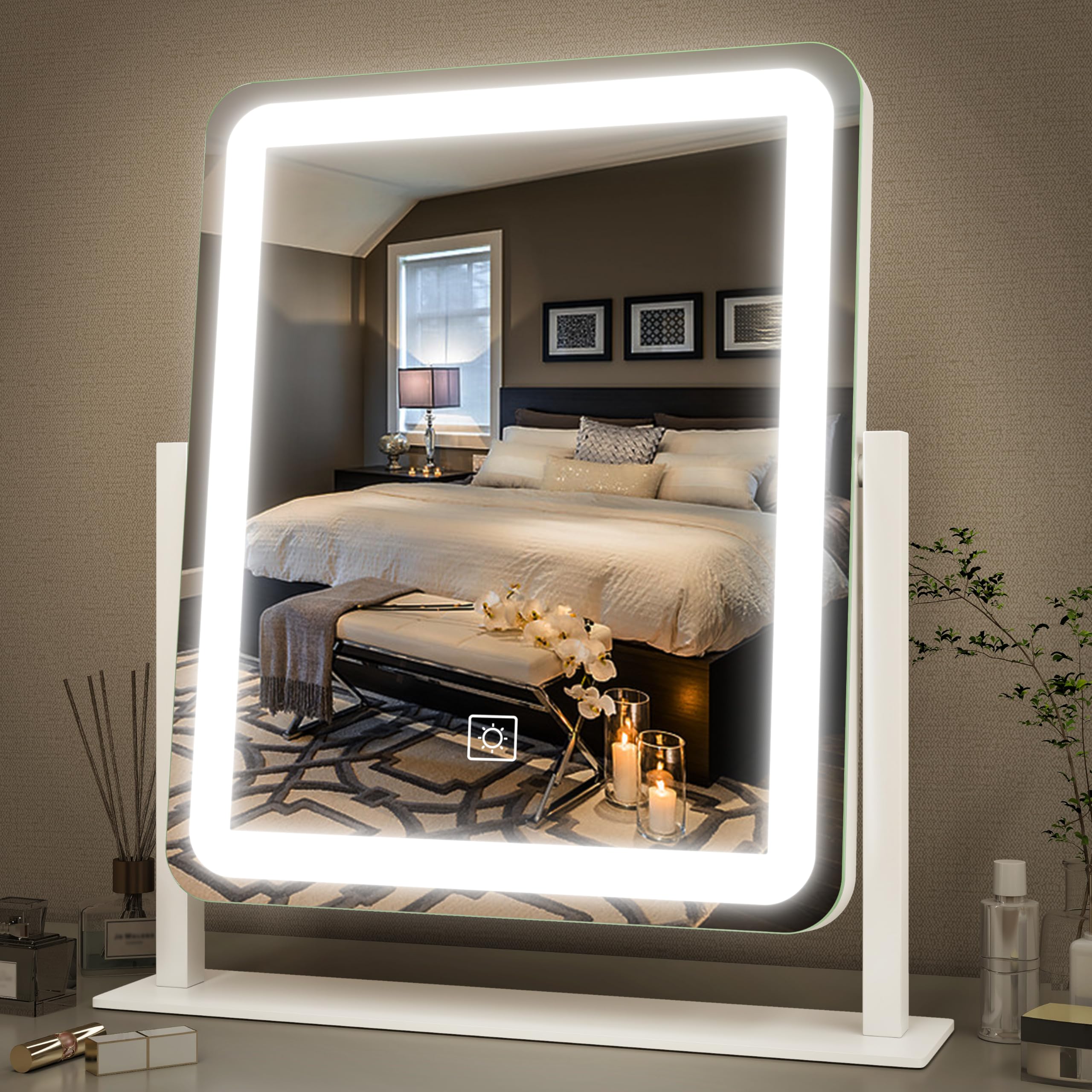 FENNIO Vanity Mirror with Lights - 15"x12.6" LED Lighted Makeup Mirror, Large Makeup Mirror with Lights, Touch Screen with 3-Color Lighting, Dimmable, for Vanity Desk Tabletop, Bedroom ASIN B0BZYMWLB9 Amazon original image 1